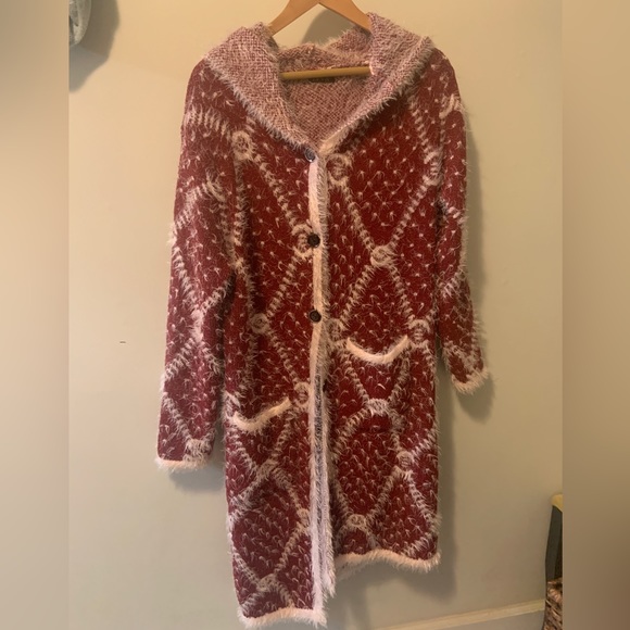 Zeva Sweaters - Zeva Long red/ white textured cardigan with hood S